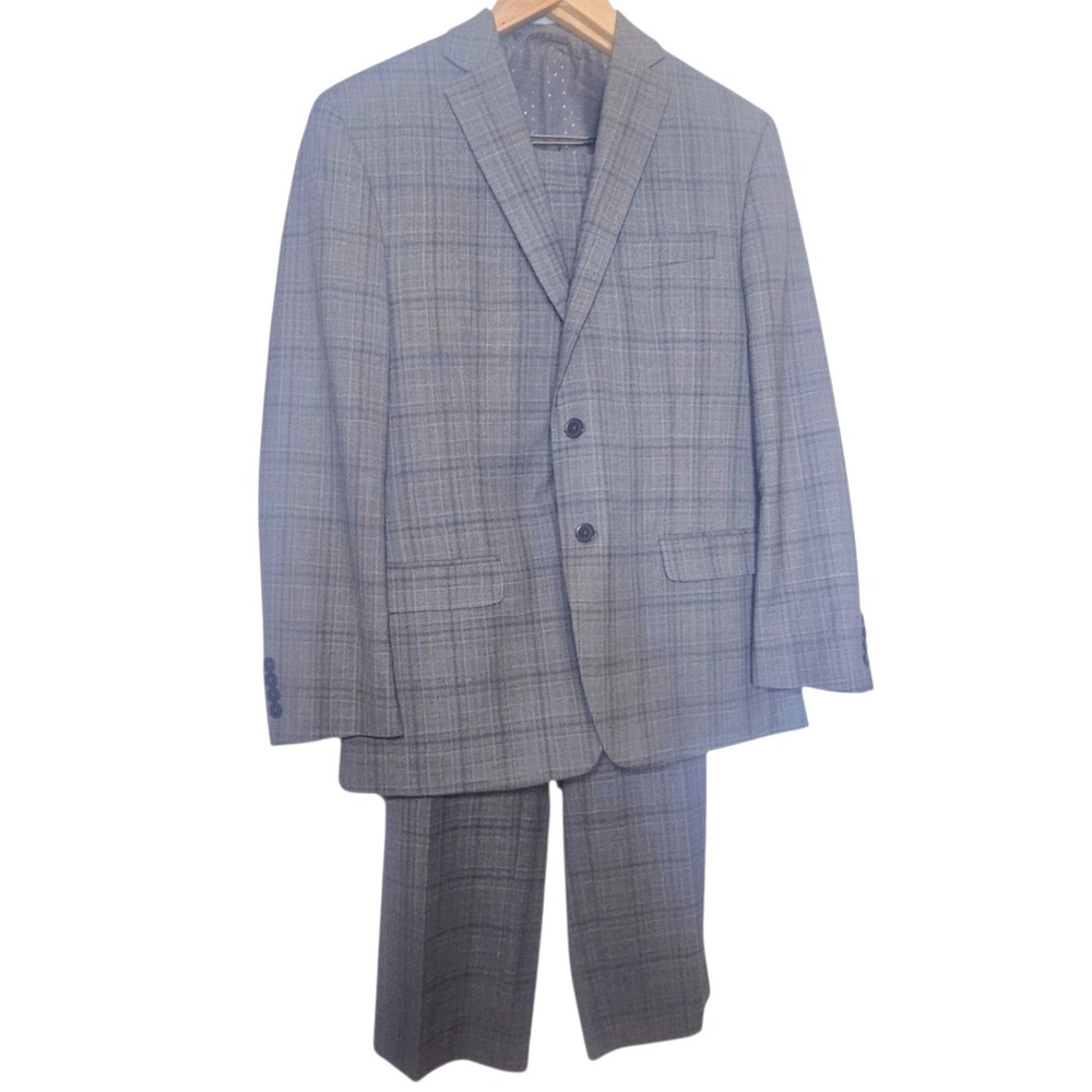 Michael Strahan Collection Grey Plaid Wool Blend Suit Jacket 42R Pants 38x28